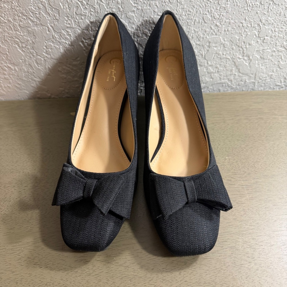Cato Comfort Black Textured Bow Square Toe Block Heel Pumps Womens 10